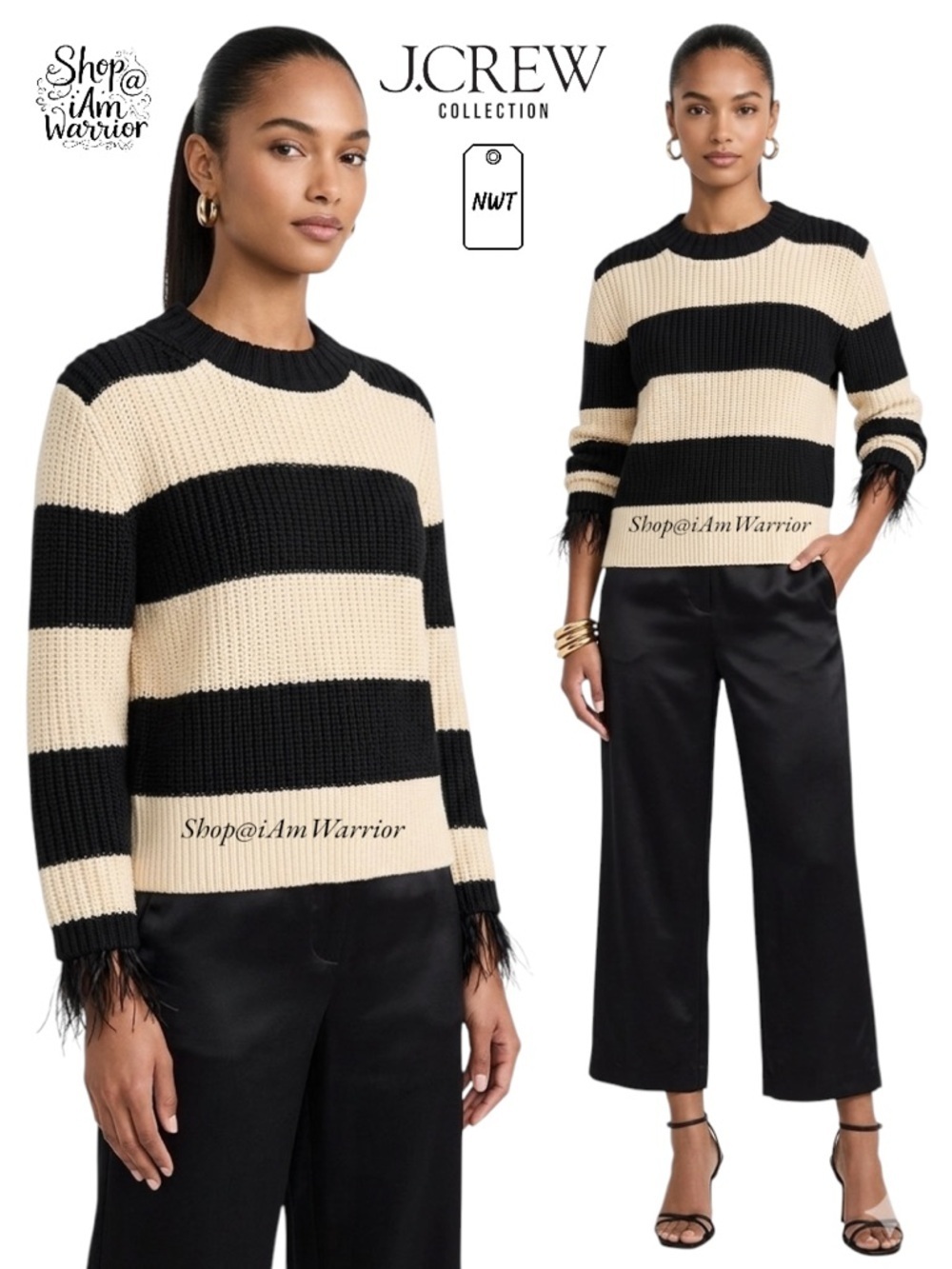 J.Crew Collection NWT striped feather trim crewneck sweater *shop@iamwarrior